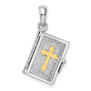 925 Sterling Silver Religious Lords Prayer Bible Book Pendant, 14k Cross Front